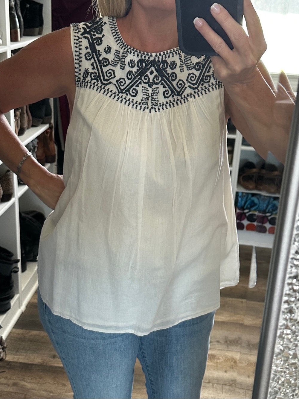 Lucky Brand White Sleeveless l Camisole with Navy Embroidered Yoke